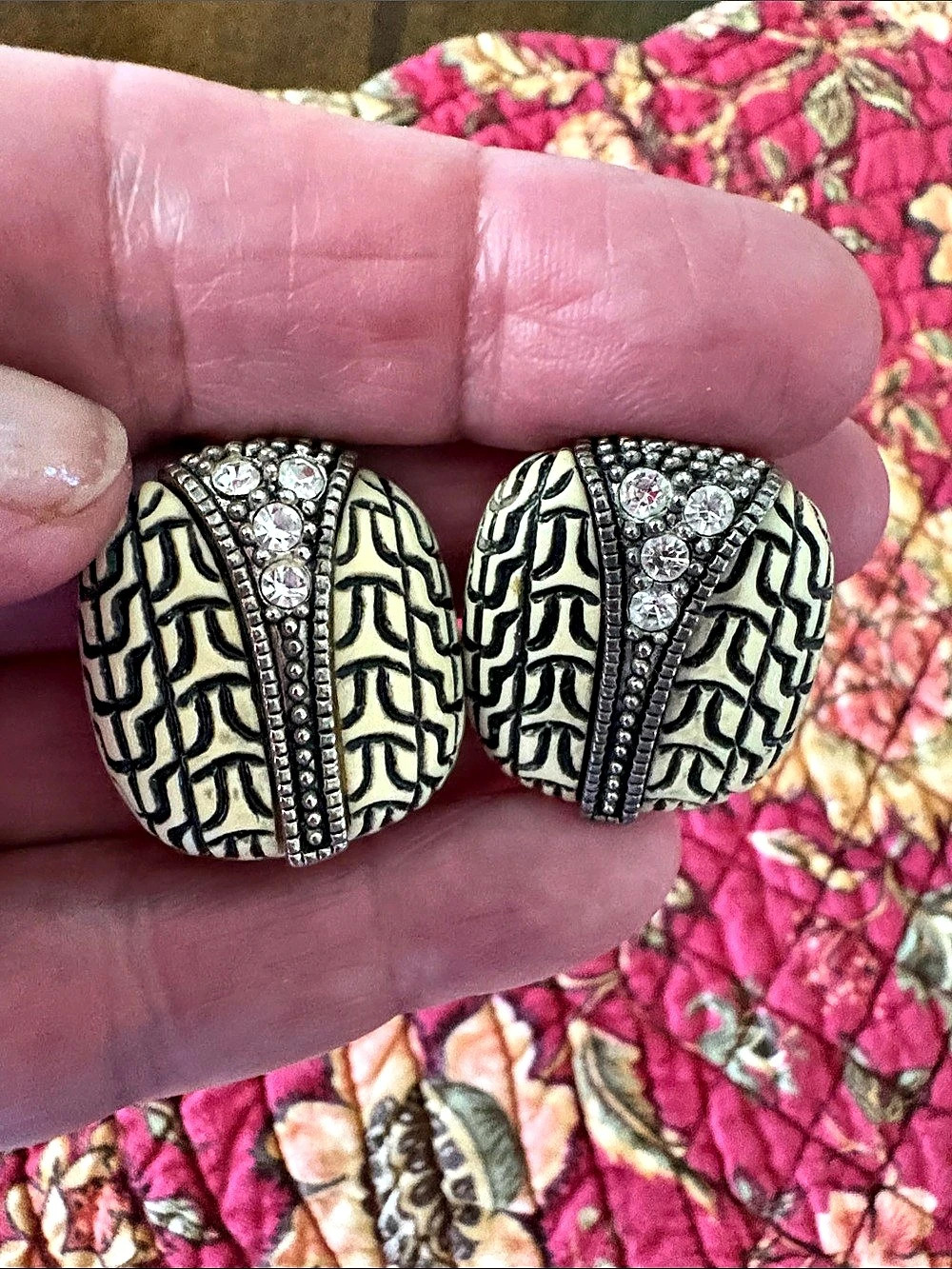 Vintage Clip-On Earrings Cream & Black with Clear Stone Accents